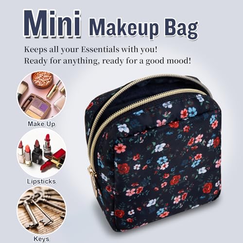 Nylon Mini Floral Makeup Bag for Purse, Small Cute Makeup Bag Preppy Cosmetic Zipper Pouch Purse, Waterproof Travel Coin Pouch Sanitary Napkin Storage Bag Makeup Organizer for Women(Navy Blue-Flower) - color: Navy Blue-Flower, size: Mini