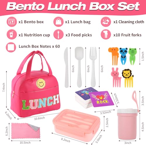 77 Pieces Bento Box Lunch Box Kit Large Pink Insulated Lunch Bag 3 Layer Stackable Leakproof Lunch Box Containers with Cup,Lunch Bag,Spoon,Fork,60 Pieces Lunch Box Notes for Girl Women (Rose Red) - color: Rose Red