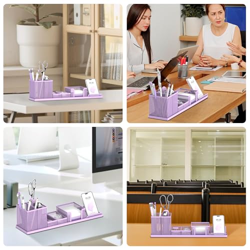 Pen Holder for Desk, 6-Piece Mesh Desk Organizer with Phone Holder, Purple - color: Purple