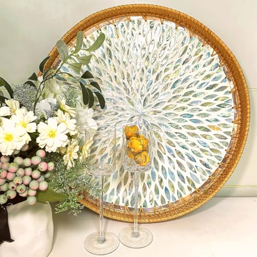 i-lan 18-Inch Large Round Mother of Pearl Rattan Decorative Serving Tray - size: 17.8"