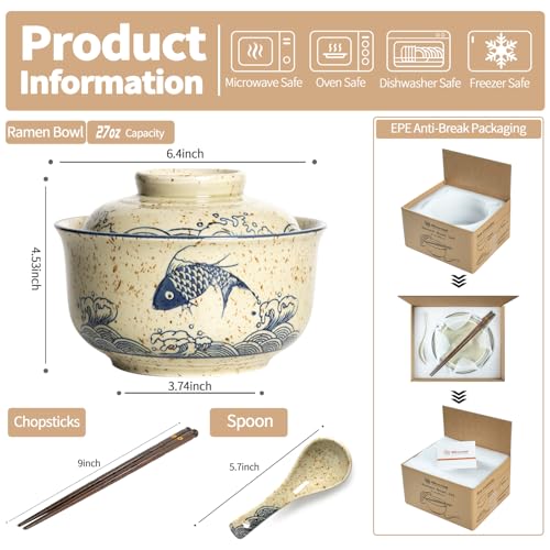 Ceramic Ramen Bowl Set Ramen Noodle Bowl with Lid 27oz Japanese Retro Style Soup, Pho, Udon Bowls, Matching Spoons and Chopsticks for Microwave & Dishwasher Safe, Fish - color: Fish, size: 1 PC