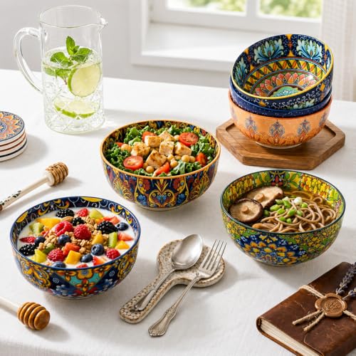 Cereal Bowls Set of 6, Bohemian Ceramic Soup Bowls, 28 oz Colorful Bowls Set for Kitchen, Dishwasher & Microwave Safe for Salad, Pasta, Rice, Oatmeal, Fruit