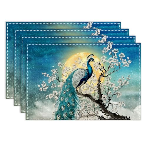 Floral Bird Vintage Peacock Cherry Blossom Placemats Set of 4, 12x18 Inch - color: Floral Bird04, size: 4pcs