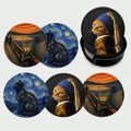 Cat Art Coasters for Drinks with Holder Leather Coasters Set of 6 for Bar Coffee Table - color: Cat Art