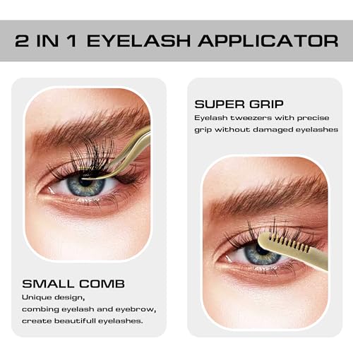2 in 1 Lash Tweezer with Comb, Eyelash Extension, Stainless Steel Elbow Tweezers, Precise Eyebrow Tweezers Tool, Lashes Tweezer Applicator for DIY Applying False Eyelashes Clusters, Gold - color: Gold