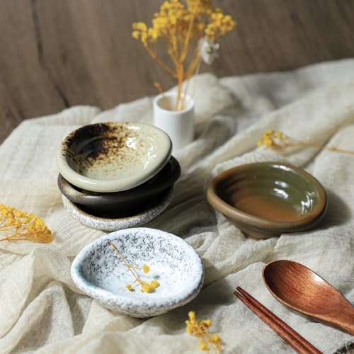 Colias Wing 3.5 Inch Retro Style Brown Stylish Design Multipurpose Porcelain Side Dish Bowl Seasoning Dishes Soy Dipping Sauce Dishes-Set of 5 - color: Set-of-5-Assorted-2