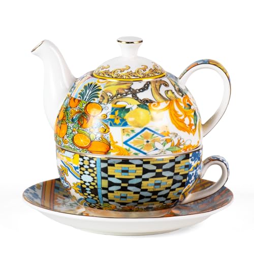 KAMMAK Tea for One Set, Ceramic Teapot, Bone China Tea Set, Cup and Saucer - color: Yellow-XY16