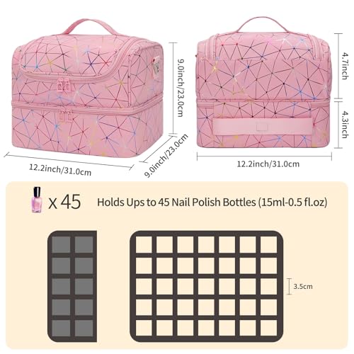 CUBETASTIC Nail Polish Organizer Bag, Double Layer Nail Tech Travel Case Holds 45 Bottles & Full-Size Lamp, Portable Manicure Storage Box for Nail Supplies, Tools & Dip Powder - Pink - color: Triangle Pink, size: 45 Slots