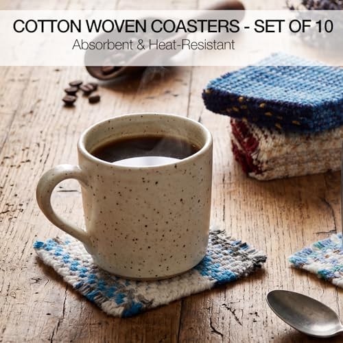 Set of 10 Fabric Drink Coasters, Handcrafted Cotton Woven Coasters for Table, Coastal Farmhouse Table Decor for Coffee Tea Cocktails, Absorbent Soft Desk Coasters for Kitchen Office, Housewarming Gift - color: Blue & White