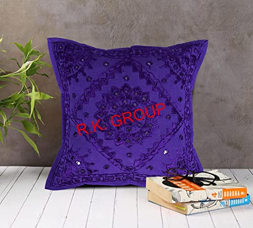 Indian Ethnic Cotton Mirror Embroidered Cushion Cover Throw Pillow Cases Decorative Pillows Cover Bohemian (Size : 16 X 16 Color : Purple) - color: Purple, size: 16" x 16" (Pack of 1)