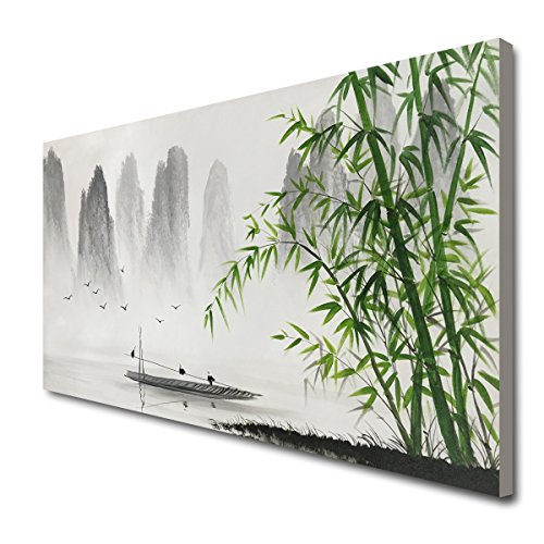 Winpeak Art Traditional Chinese Painting Black and White Landscape Canvas Wall Art Bamboo Artwork - size: 48"L x 24"W