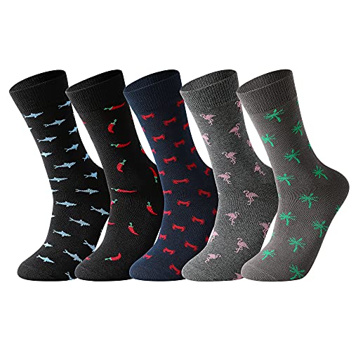 Mens Dress Socks, 5 Pair Combed Cotton Colorful Patterned Funny Crew Socks for Men Comfort - color: Animal