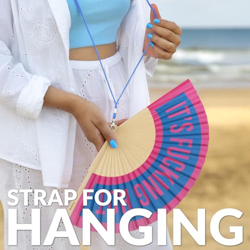 Fisura – Original Folding Fan It's f*cking hot, Wooden Hand Fans for Women Foldable, Pink and Blue Design for Raves, Festivals, Weedings, Hanger Included. Size: 16.7 x 9 inches - color: Hot, Blue and Pink