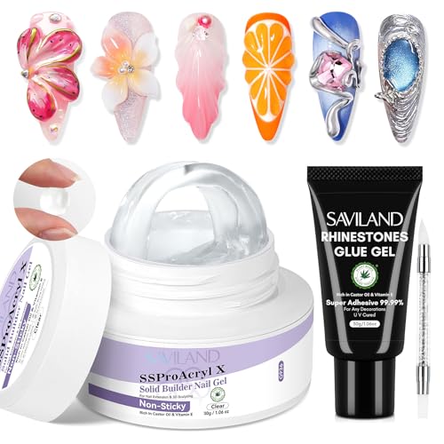 SAVILAND Pro Solid Builder Nail Gel for Nails with 30 g Rhinestone Glue Gel: 30 Days Long Lasting Clear 3D Nail Gel for Nail Extension Nail Art Salon - size: 2pcs