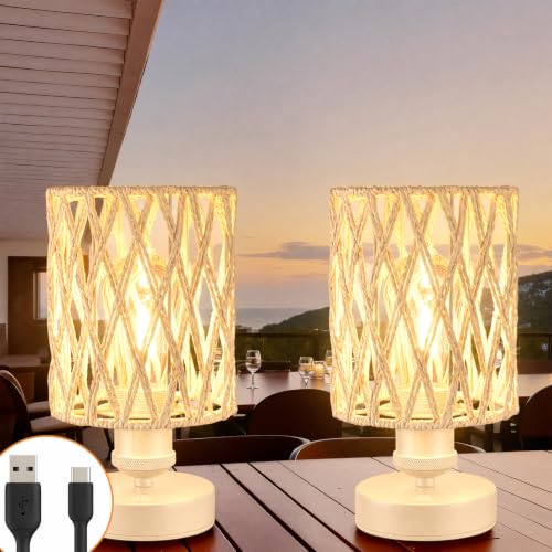 Cordless Outdoor Table Lamps, Small Rattan Boho, Rechargeable Battery Operated for Outdoor Patio, Home, Living Room, Bedroom, Bedside - Set of 2 (Ivory) - color: Ivory
