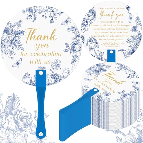 CroBlissful 100 Pcs Wedding Hand Fans for Guest Bulk, Handheld, Blue Flower - style: Blue Flower