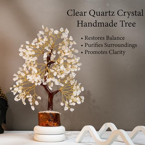 Clear Quartz Tree of Life for Home, Office, and Desk Décor | Handmade Bonsai for Clearity, Positive Energy & Focus | Perfect Concentration Gift for Mom - color: Clear Quartz Golden Wire