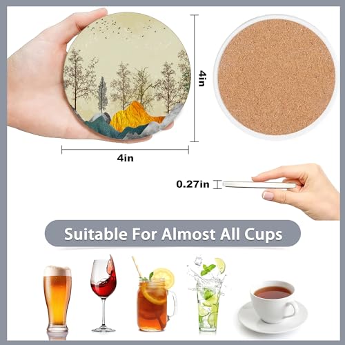 6 Pcs Coasters for Drinks with Holder,Brown Trees with Golden Gray Mountains Landscape Absorbent Coaster with Cork Backing,Great Gift for Housewarming,Room Decor,Bar,Holiday Party - color: Brown Trees With Golden Gray Mountains Landscape