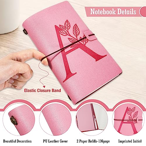 Personalized Journal Gift-Pink Initial Leather Journal+Heart Diamond Pen Set,Travel Notebook Diary Gifts,Refillable Notepads,Christmas,Birthday Gifts for Women Girls (7.9"x4.7") (A) - style: A