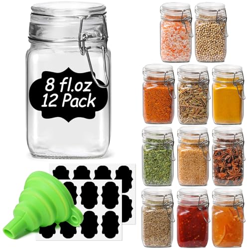 ComSaf Square Small 8 oz Glass Spice Jars with Airtight Lids 12 Pack Pantry - size: 8 fl oz x 12