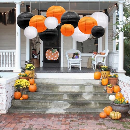 Orange Black White Paper Lanterns Decorative 12pcs Halloween Hanging Decorations for Graduation Thanksgiving Birthday Party Decorations - color: black,orange,white