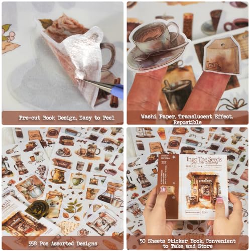 558pcs Coffee Journal Stickers, Ephemera for Junk Journaling Supplies, 50 Sheets Pre-Cut Washi Scrapbook Sticker Book for Scrapbooking, Bujo, Collage, Planners, DIY Art Crafts - color: Coffee Life Stickers