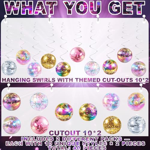 40 Pack Disco Hanging Decorations – Retro Dance Birthday Decorations for Girls, Disco Party Supplies and Groovy 70s Theme Decor