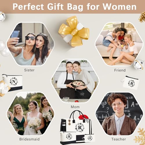 Monogram Personalized Initial Canvas Tote Bags for Women, Double-sided Embroidery Monogrammed Tote Bag Gifts - color: R