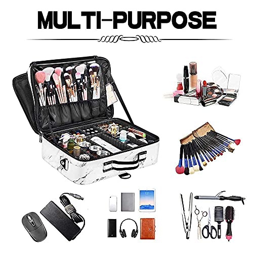 gzcz Large Capacity Travel Makeup Case Organizer,Professional Cosmetic Bags for Women,Waterproof PU Leather Makeup Bag with Adjustable Dividers and Shoulder Strap for Brushes and Jewelry - color: Marble White, size: Large