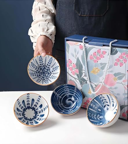 Rice Bowls 10oz, Japanese Style Bowls Set of 6 with Gift Box - Blue and White Ceramic Bowls for Soup, Dessert, Ice Cream, Snack - Kitchen Gifts for Women Christmas Gift - color: Japanese (6 bowls)