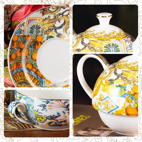 KAMMAK Tea for One Set, Ceramic Teapot, Bone China Tea Set, Cup and Saucer - color: Yellow-XY16