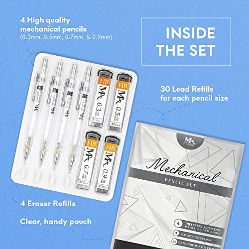 MozArt Mechanical Pencil Set 4 Sizes 0.3 0.5 0.7 0.9mm HB Lead Clear - color: Clear