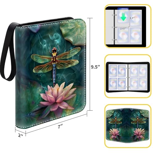 Card Binder 400 Pockets, 50 Sleeves Large Binder Trading Cards Holder 4 Pocket, Storage Organizer, Album Folder Case Protector Collector Gift Colourful Dragonfly Pink Lily Pads Resting - color: Colourful Dragonfly Pink Lily Pads Resting, size: 4 Pocket
