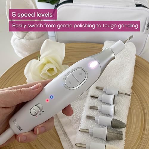 Beurer MP42 Nail Drill, 7-in-1 Nail Kit with Strong Sapphire Nail Drill Bits, Electric Nail File and Nail Buffer Includes Bright LED Light, Pedicure Kit and Manicure Set with Storage Case - color: White