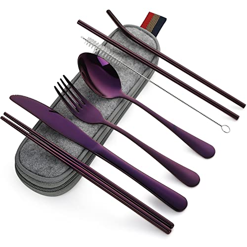 DEVICO Portable Utensils, Travel Camping Cutlery Set, 8-Piece including Knife Fork Spoon Chopsticks Cleaning Brush Straws Portable Case, Stainless Steel Flatware set (Purple) - color: Purple