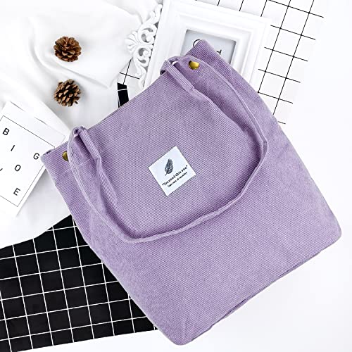 Ayieyill Corduroy Tote Bag for Women Canvas Shoulder Cord Purse with Inner Pocket - color: Purple Grey