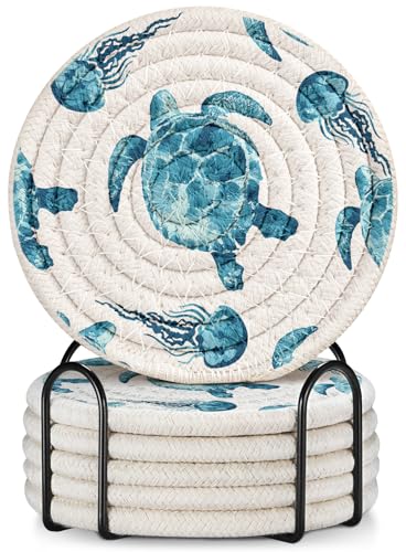 Cup Coasters for Drinks Absorbent - for Coffee Wooden Table Office Cute Farmhouse Cool Outdoor Desk Kawaii Woven Unique Ocean Beach Women Kids Soft Cloth Braided Fabric Coaster with Holder - color: C-ocean Beach
