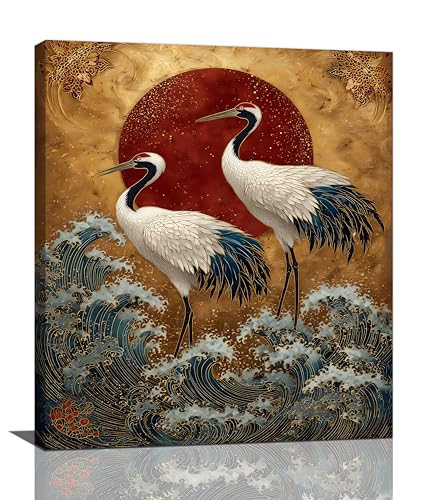 Japanese Crane Wall Art Gold Oriental Asian Wall Decor Sandhill Crane Canvas Pictures Paintings Prints Japan Traditional Aesthetic Artwork Framed Chinese Decorations For Bedroom Living Room Office Gifts 20" x 24" - color: Gold Crane, size: 24"L x 20"W