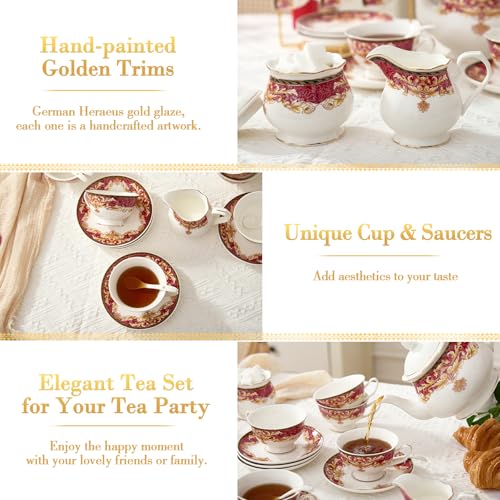 DUJUST 22 pcs Royal Vintage Porcelain Tea Set for 6, Luxury British Tea Sets for Adults with Red Patterns & Golden Trim, Beautiful Floral Tea/Coffee Cup Set, Gift Package - Royal Treat for You - color: British Vintage