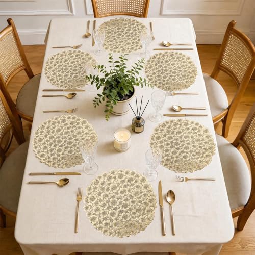 Quantum Love Gold Balloon Flower Round Placemats Set of 6, 3D Vinyl Metallic Platycodon Flower 15 Inch Table Mats, Wipeable Waterproof Non Slip Placemat for Wedding Christmas Party Dining Table Decor - color: Gold Balloon Flower