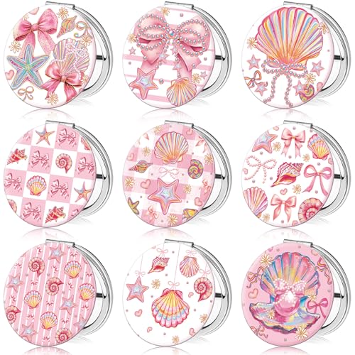 Weysat 9 Pcs Pink Seashell Bow Compact Mirrors Bulk Double Sided Magnify - color: Pink, size: Seashell Bow