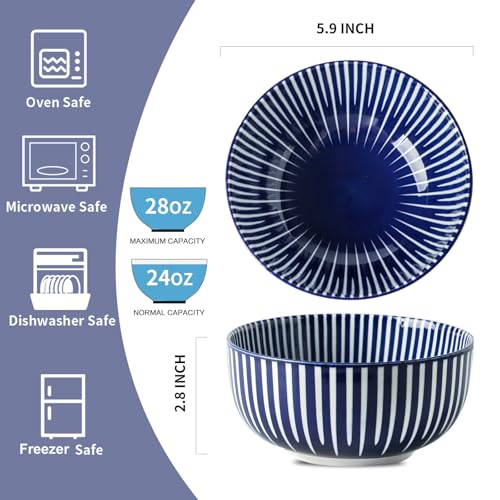 Ceramic Soup Bowls, 28 Ounces Striped Ceramic Cereal Bowls Set of 6 - color: Blue Radial Striped