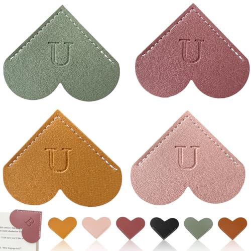 Personalized Leather Heart Bookmark, 26 Letters Customized Corner Book Mark for Reading Women, Book Marker with Initials，Cute Gifts (Light Pink+Deep Pink+Green+Light Brown, U) - color: Light Pink+deep Pink+green+light Brown, size: U