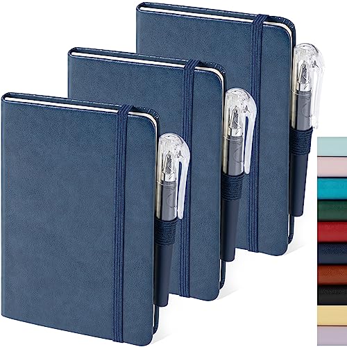 NIRMIRO Pocket Notebook Journals, 3 Pack Mini Small Notebooks for Work, Leather Cover Notepad with 3 pens, Elastic Closure, Blue - color: 3 Blue, size: A6
