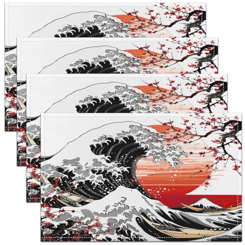 Feelyou Japanese Wave Placemats Set of 4 Cherry Blossoms Placemat for Kitchen Dining Table 18"x12" Hokusai Pattern Home Decor Table Place Mats Red Sun Japanese Style Indoor Outdoor Decor Table Mats - color: Black and Red