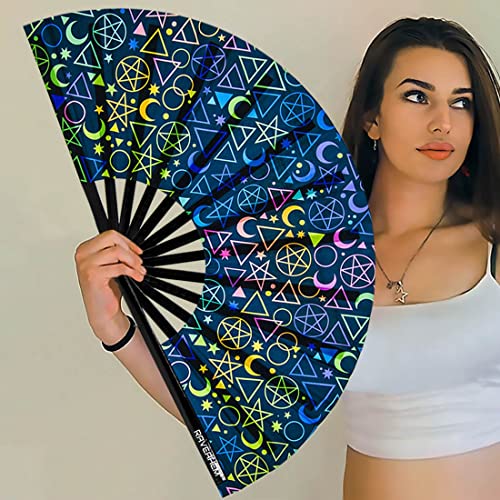 UV Glow Rave Fan, Bamboo Folding Clack Hand Fans Foldable for Men Women, Poping Fan for EDM Festival Line Dance Decoration, (Alchemical Signs, Large 13") - color: Alchemical Signs, size: Large 13"