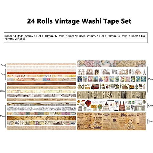24 Rolls Vintage Washi Tape Set, Antique Car Buildings Map Stamp Stripe Writable Aesthetic Washy Decorative Tapes for Scrapbooking, Junk Journal Supplies, Bullet Journaling 5-75mm Wide (3m Long)/Roll - style: Retro Memory