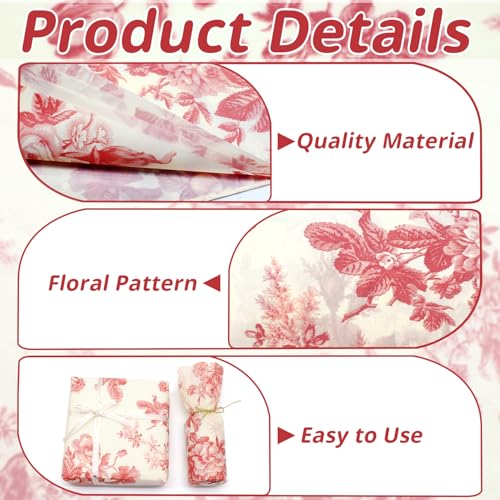 Benvo 20 Sheets Floral Print Tissue Paper 20 inch x 29 inch Decoupage Paper Decorative Tissue Gift Wrapping for DIY Art Craft Spring Wedding Birthday Baby Shower(Style C) - color: Red Peony