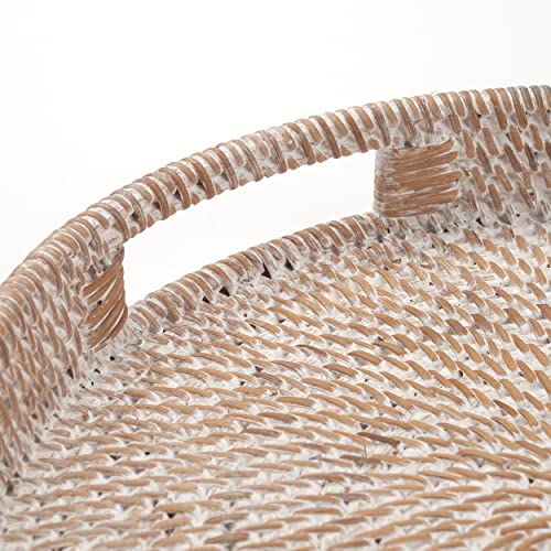 Round Rattan Serving Tray Decorative Woven Ottoman Trays with Handles for Coffee Table White (Small 11.8 inch x 2 inch) - color: Whitewash, size: 11.8"