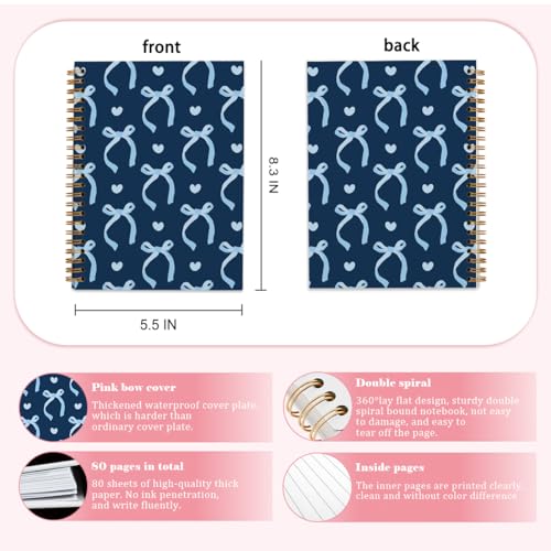 QUICQOD Navy Blue Cute Bow Spiral Notebook Journal for Women 5.5x8.3 Inch - color: navyblue